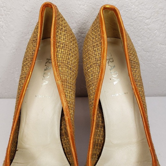 PRADA Woven Color Block Orange Croc Cap Toe Green Leather Trim Pumps Size 37 EU - Picture 3 of 15